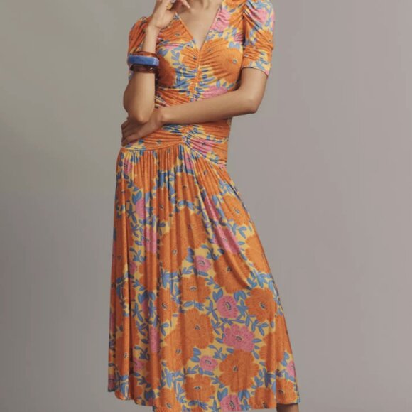 FARM RIO X ANTHROPOLOGIE RUCHED V-NECK MIDI DRESS NWT - Picture 1 of 4